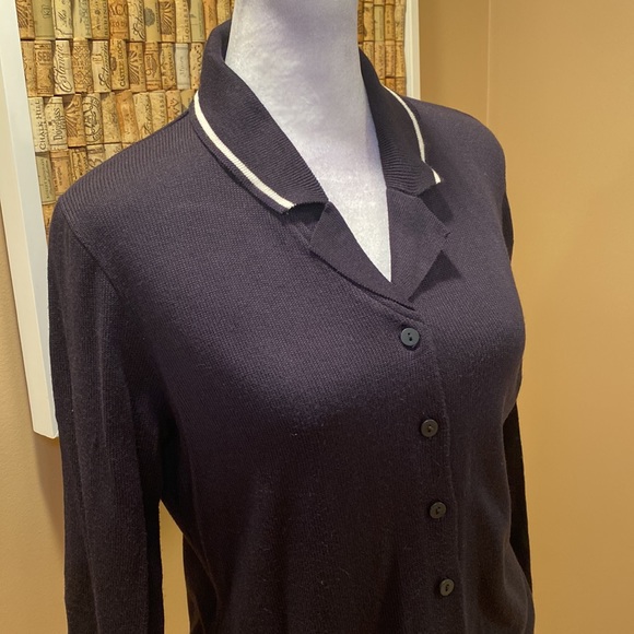 Ann Taylor Black Button Down Cardigan with White Stripes on Collar and Cuffs - Picture 4 of 15